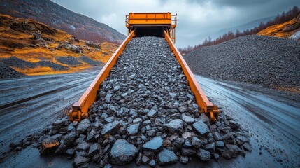 Poster - Large machinery is unloading a pile of crushed rock at a quarry. The rugged landscape features mountains in the background, indicative of an active mineral processing site.