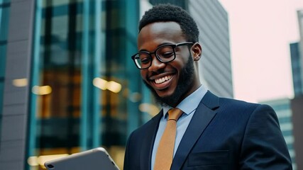 Poster - An African American man in a suit and glasses smiles while looking at a tablet outdoors. The background shows modern buildings, indicating an urban setting. He exudes confidence and professionalism.