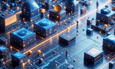 Wall Mural - futuristic cityscape of glowing blocks interconnected by lines, symbolizing advanced technology and 
