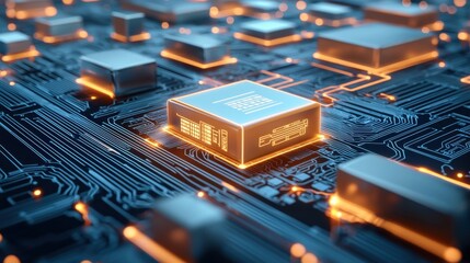 Wall Mural - close-up view of circuit board with glowing microchips and wires