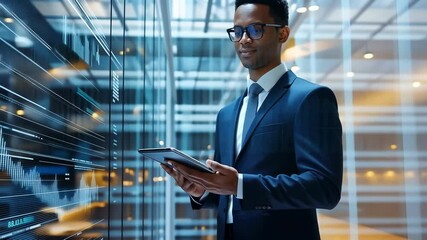 Poster - Businessman in a suit uses a tablet to analyze financial data displayed on a glass wall in a modern office setting. The imagery evokes themes of innovation, and technology in business.