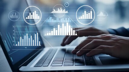 Poster - Close-up hands typing laptop displaying data analytics graphs , charts. The conveys themes business intelligence, data analysis, , financial insights, indicating strategic decision-making.