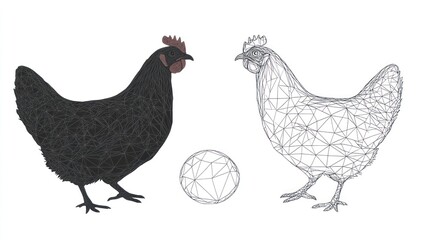 Wireframe chickens, egg, studio, polygonal, illustration, design