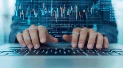 Wall Mural - hands typing on laptop with data visualization overlay for technological advancement and innovation.