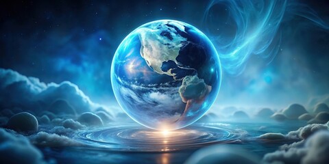 Wall Mural - a luminous sphere, resembling our planet, floats serenely above a calm, ethereal body of water, enci
