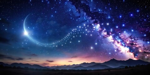 Wall Mural - Celestial Arc A Serene Night Sky Over a Silhouetted Mountain Range with a Crescent Moon and Starry Trail