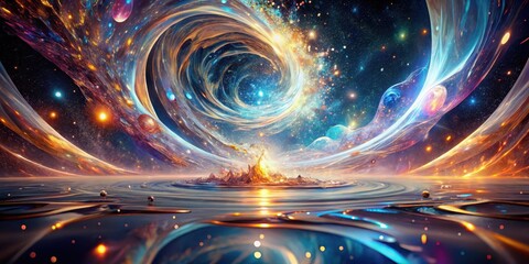 Wall Mural - a serene celestial landscape featuring a whirlwind nebula and a volcanic island in a reflective, cos