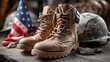 © Mateus - A pair of worn work boots stands alongside a helmet and a flag, evoking themes of labor, patriotism, and sacrifice.
