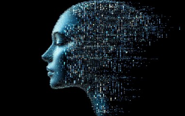 Leinwandbilder - Digital human head dissolving into a cloud of glowing pixels and data streams, abstract AI concept, modern cyberfuturism style