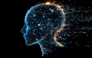 Leinwandbilder - Digital human head dissolving into a cloud of glowing pixels and data streams, abstract AI concept, modern cyberfuturism style