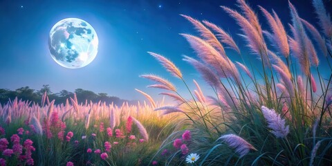 Wall Mural - Serene Night Meadow Full Moon Illuminates a Field of Delicate Pink Flowers and Swaying Grasses Under a Starlit Sky
