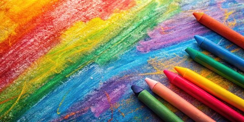 Wall Mural - vibrant rainbow crayon drawing with colorful sticks arranged on a textured surface