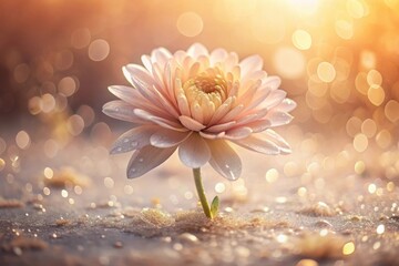Wall Mural - A single, delicate flower blossoms, adorned with morning dew, bathed in the warm glow of sunrise, its petals unfurling in a breathtaking display of natural beauty.