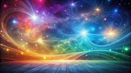 Wall Mural - Cosmic Landscape with Wooden Deck A Celestial Scene of Vibrant Nebulae and Glowing Stars