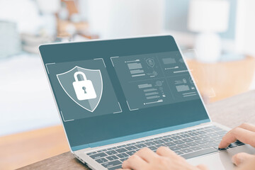 Wall Mural - laptop shows the icon lock shield for cybersecurity. concept of secure privacy data, protect cybercr