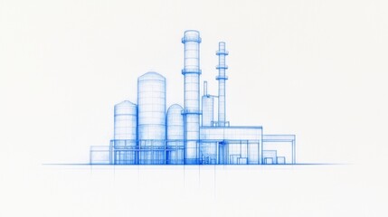 A blueprint-style illustration of an industrial facility featuring silos and smokestacks, depicted in blue lines against a light background.