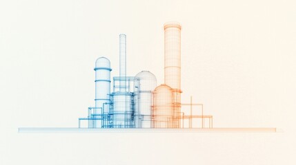 A minimalist wireframe illustration of an industrial complex, featuring various structures in blue and orange hues against a light background.