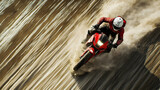 A rider accelerating on a red motorcycle at high speed