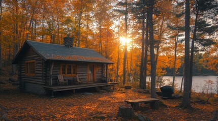 Poster - Rustic log cabin nestled in autumn woods near calm lake at sunset.