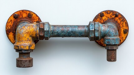 Aufkleber - Rusty industrial pipe section with fittings, mounted on a white wall.