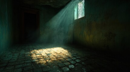 Poster - Sunbeam illuminates a dark, grungy, stone-floored room with a door and barred window.
