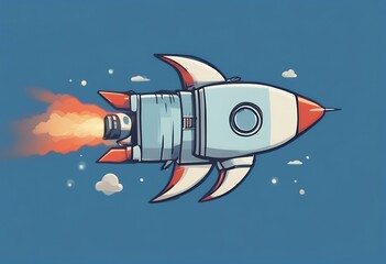 Wall Mural - style blue illustration flat isolated background flying cartoon rocket shuttle innovation success startup travel business development market launch technology project sky creative colourful start