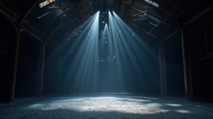 Aufkleber - Sunbeams illuminate a dark, grungy warehouse interior with a textured floor.
