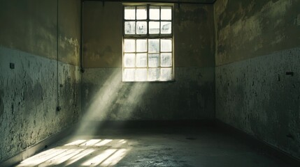 Poster - Sunbeams illuminate a derelict, empty room with peeling walls and a single window.
