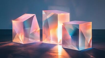 Poster - Three translucent glass prisms illuminated, casting vibrant light and reflections on a dark surface.