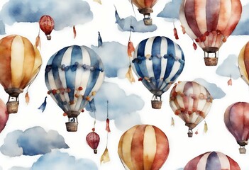 Wall Mural - watercolor pattern cartoon hot air balloon transport ornament flag garlands clouds isolated white background