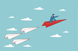 © Sector30 - Leadership to guide team direction lead to success, determination or decision to motivate team, power to control or influence people concept, confident businessman lead other paper airplane origami.