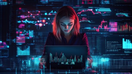 A woman analyzes data charts displayed on a computer screen