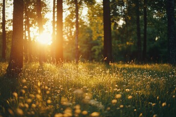 Wall Mural - Sunlight filtering through forest trees