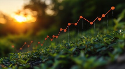 Fototapete - Upward trending graph overlaid on lush green plants at sunset, symbolizing growth and success in agriculture or business.