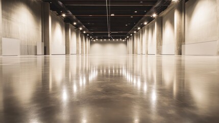 Poster - Vast, empty industrial space with polished concrete floor and recessed lighting.