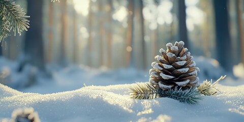 Wall Mural - pine cone on snowy ground