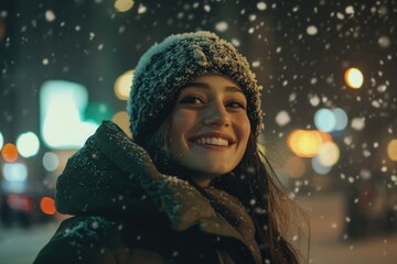 Wall Mural - woman smiles at night in snow