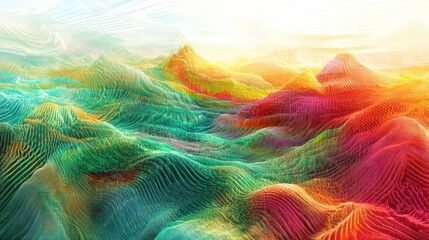 Poster - Vibrant, colorful, abstract landscape with rolling hills and mountains under a bright sky.