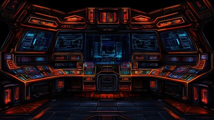 Futuristic spaceship control panel with illuminated display screens visible