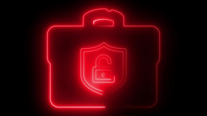Cyber protection with neon line lock icon animation on dark background. technology data concept security, system, technology, unlock, virus, web