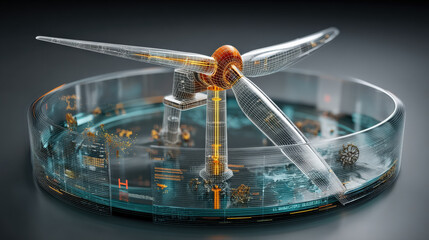 Poster - 3D render of transparent wind turbine integrated with digital elements, showcasing futuristic technology and innovation in renewable energy. turbine is set within circular base