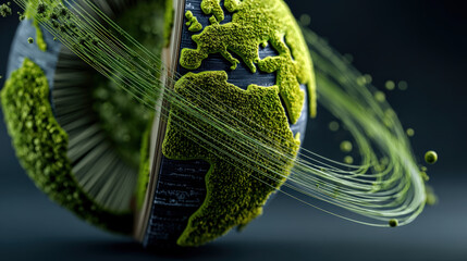 Poster - conceptual image of Earth with green moss like texture and swirling lines symbolizes global connectivity and environmental awareness. artistic representation evokes sense of harmony and innovation