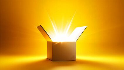 Wall Mural - a vibrant box bursting with light against a bright yellow backdrop, symbolizing discovery and excite