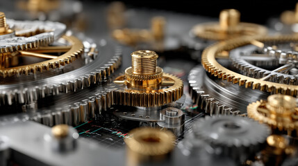 Leinwandbilder - close up view of intricate golden and silver gears interlocking, showcasing complexity and precision of mechanical engineering. metallic components reflect light, highlighting their detailed