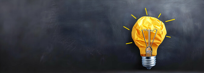 Wall Mural - a vibrant yellow light bulb shines against a dark chalkboard background, symbolizing creativity and 