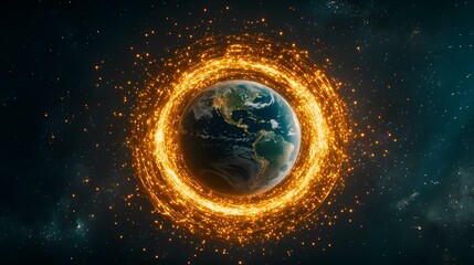 Wall Mural - The image shows a digital rendering of planet Earth encircled by a swirling ring of bright, golden light, set against a dark space background speckled with stars.A glowing ring of energy surrounds Ea
