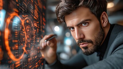 Focused businessman working on futuristic digital interface. Innovative technology and data analysis concept.