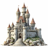 A majestic castle towering above rocky terrain, showcasing its impressive towers and fortified walls, evoking a sense of fantasy.