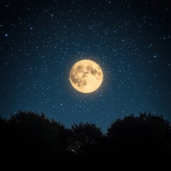 ethereal full moon glowing brightly in the night sky above dark trees creating a serene and celestia