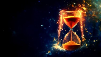 Wall Mural - Glowing Hourglass with Falling Leaves and Sparks in a Dark, Mystical Setting